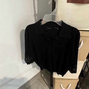 Karen Millen Black 3/4 Sleeve Boxy Crop Polo Shirt